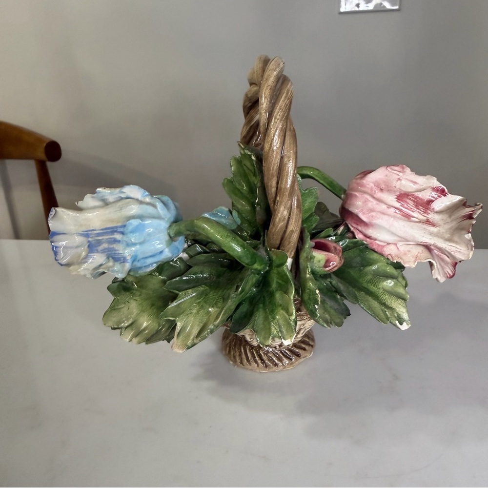 VTG Nuova Capodimonte Floral Ceramic Basket with Pink and Blue Accents